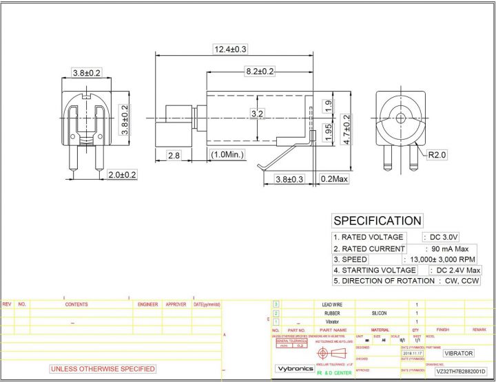 VZ32TH7B2882001D (old p/n VZ32TH7B2882001D) 3.2 MM Spring Contact Vibration Motor Drawing