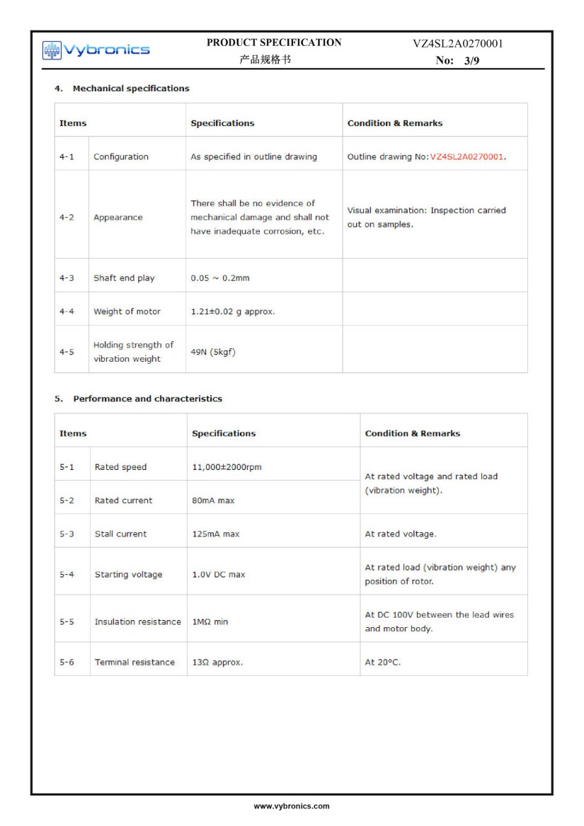 VZ4SL2A0270001 (old p/n Z4SL2A0270001) Wire Leads Cylindrical Vibration Motor data 03