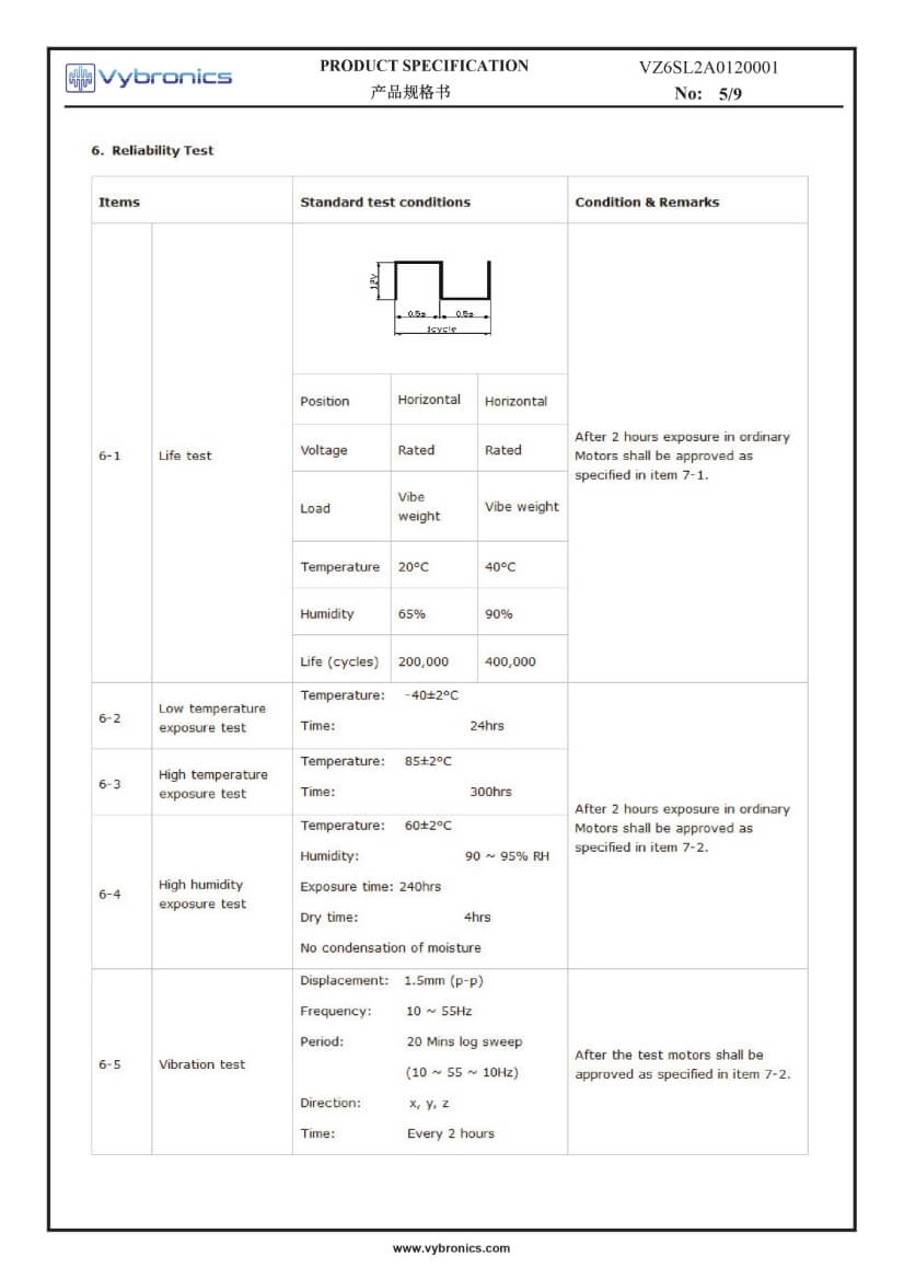 VZ6SL2A0120001 (old p/n Z6SL2A0120001) Wire Leads Cylindrical Vibration Motor data 05