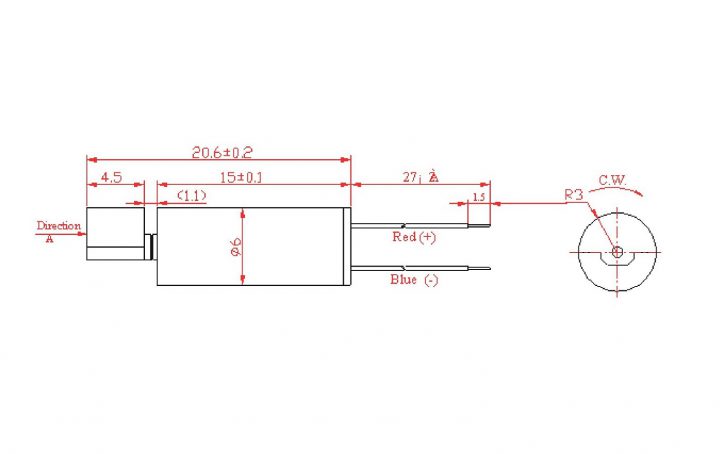 VZ6CL2A0080001 (old p/n Z6CL2A0080001) Wire Leads Cylindrical Vibration Motor Drawing