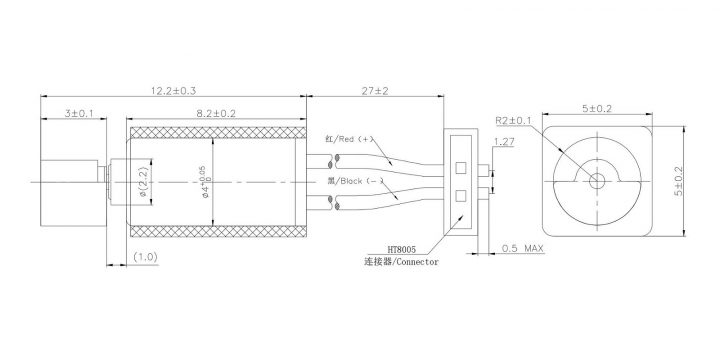 VZ4TJ1B0370011L (old p/n Z4TJ1B0370011L) Wire Leads w. Connector Cylindrical Vibration Motor Drawing