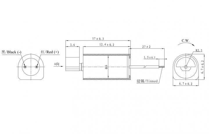 VZ6DL2B1501193 (old p/n Z6DL2B1501193) Low Current Wire Leads Cylindrical Vibration Motor Drawing